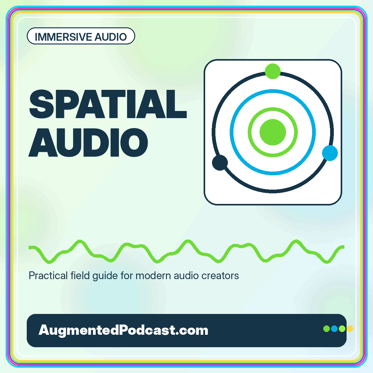Spatial Audio neon typography card with orbiting sound objects